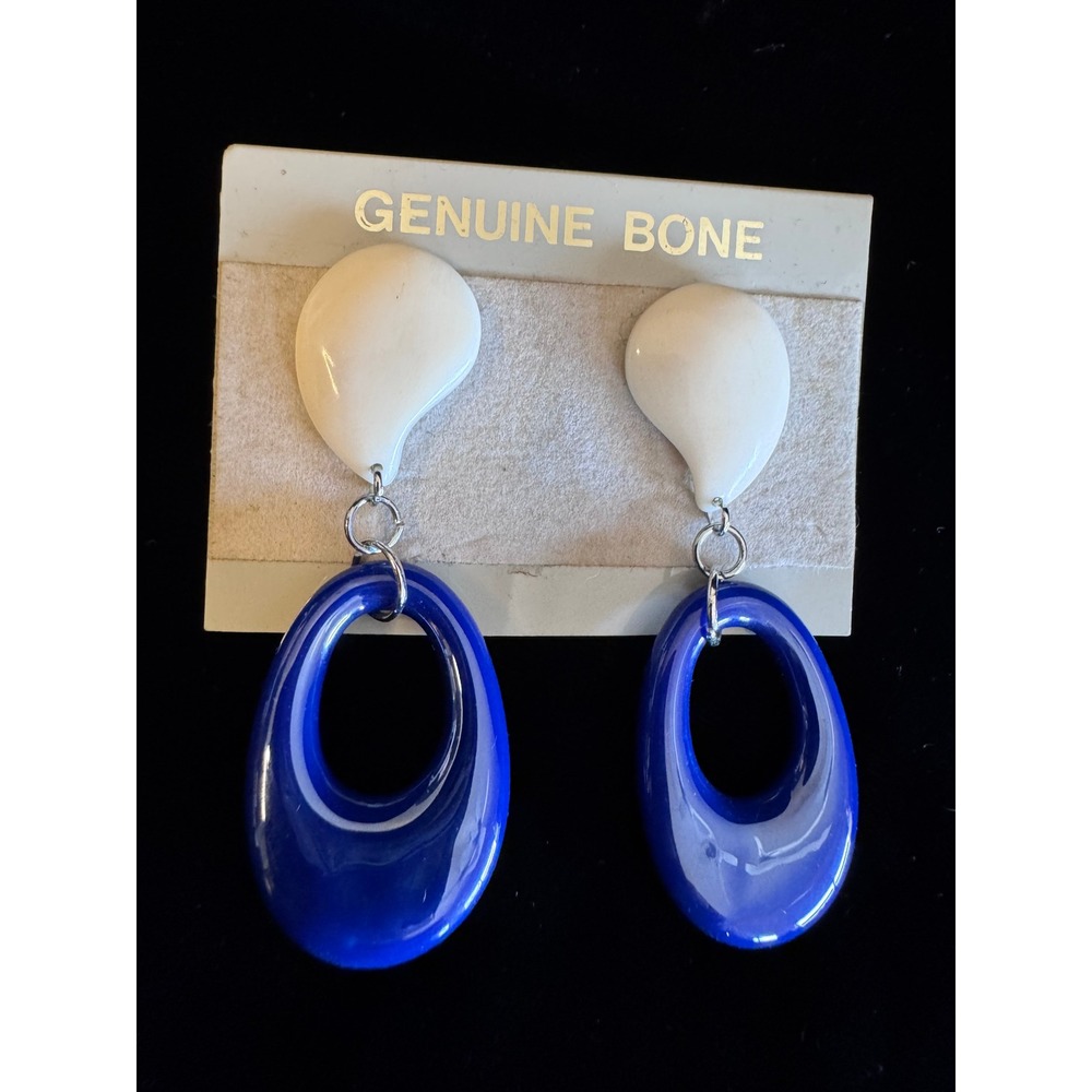 Vintage Drop Earrings Cream Cobalt Statement 2" Dangle Geo Coast Retro Minimal